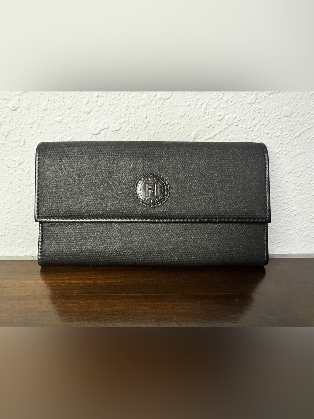 Fendi Black Textured Leather Continental Wallet with Embossed Logo